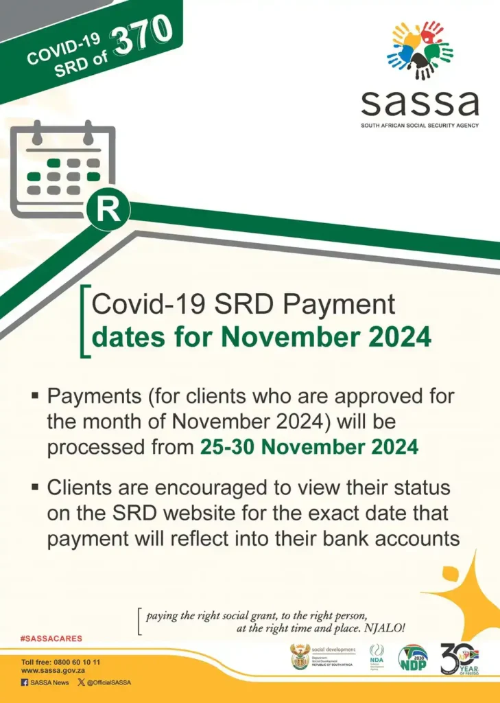SASSA Payment Dates SRD R370 for November 2024